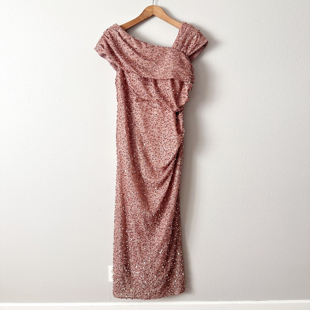 Unithorse‎ Rose Gold Sequin Draped Floor Length Gown Maxi Dress Plus Size 1X